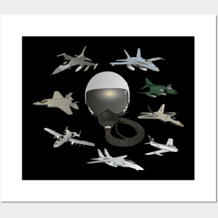 American Air Force Pilot Helmet with Airplanes Posters and Art